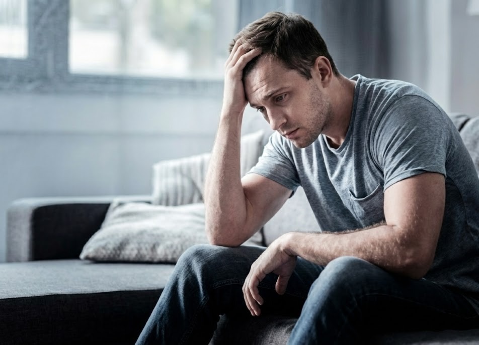 Person experiencing emotional exhaustion while sitting alone at home, representing depression beyond sadness