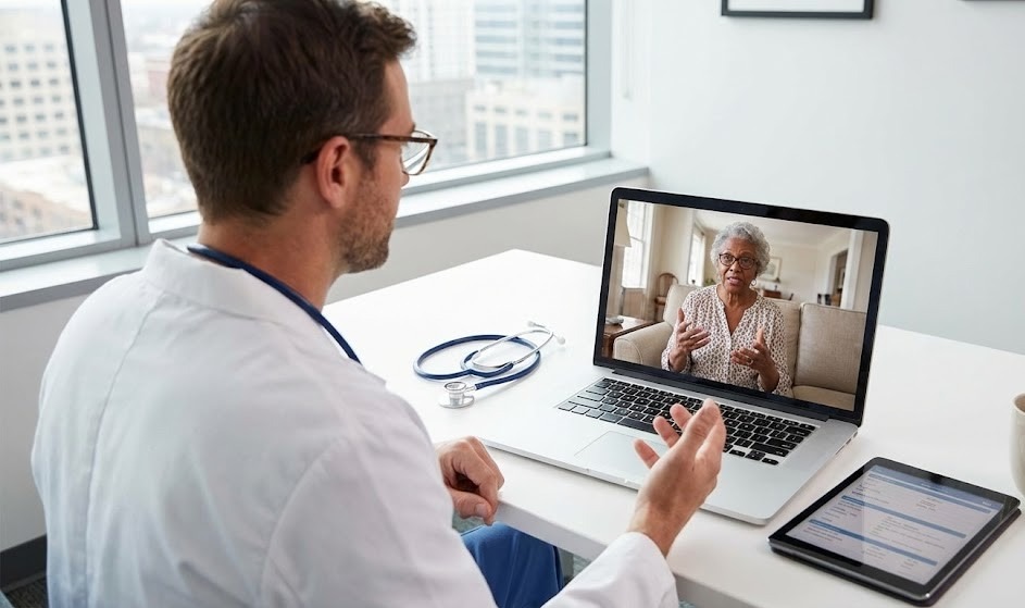 Adult attending an online psychiatry appointment from home in a calm, comfortable environment for anxiety treatment.