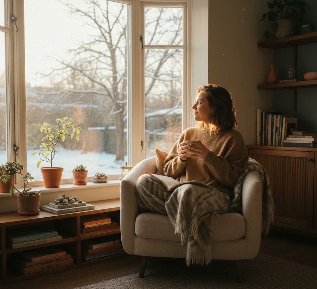 Person in recovery from depression sitting calmly in a sunlit home, reflecting and showing quiet emotional healing.