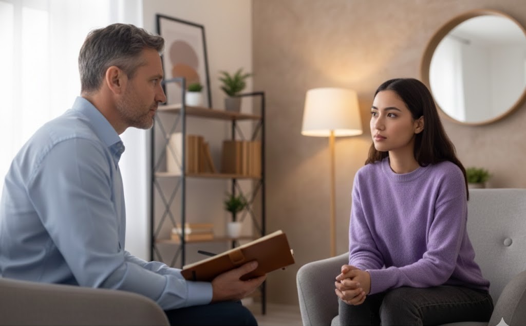 Supportive conversation between two people during depression recovery in a calm and comfortable home setting.