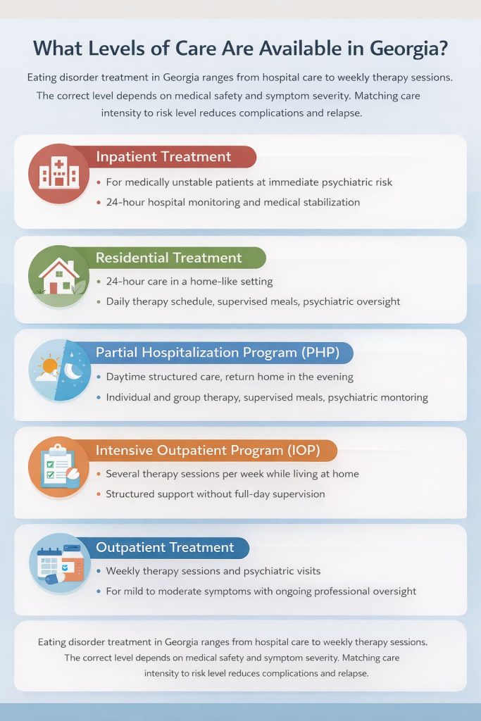 Infographic showing levels of eating disorder care in Georgia: Inpatient, Residential, PHP, IOP, and Outpatient, with brief descriptions of each level’s intensity and services.