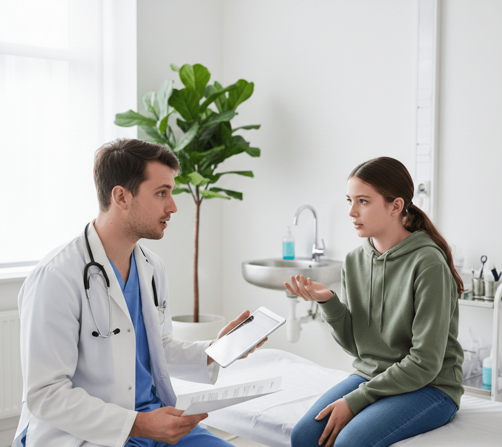 A male doctor in a white coat reviews a medical document with a young girl in a bright examination room, discussing the information while seated side by side.