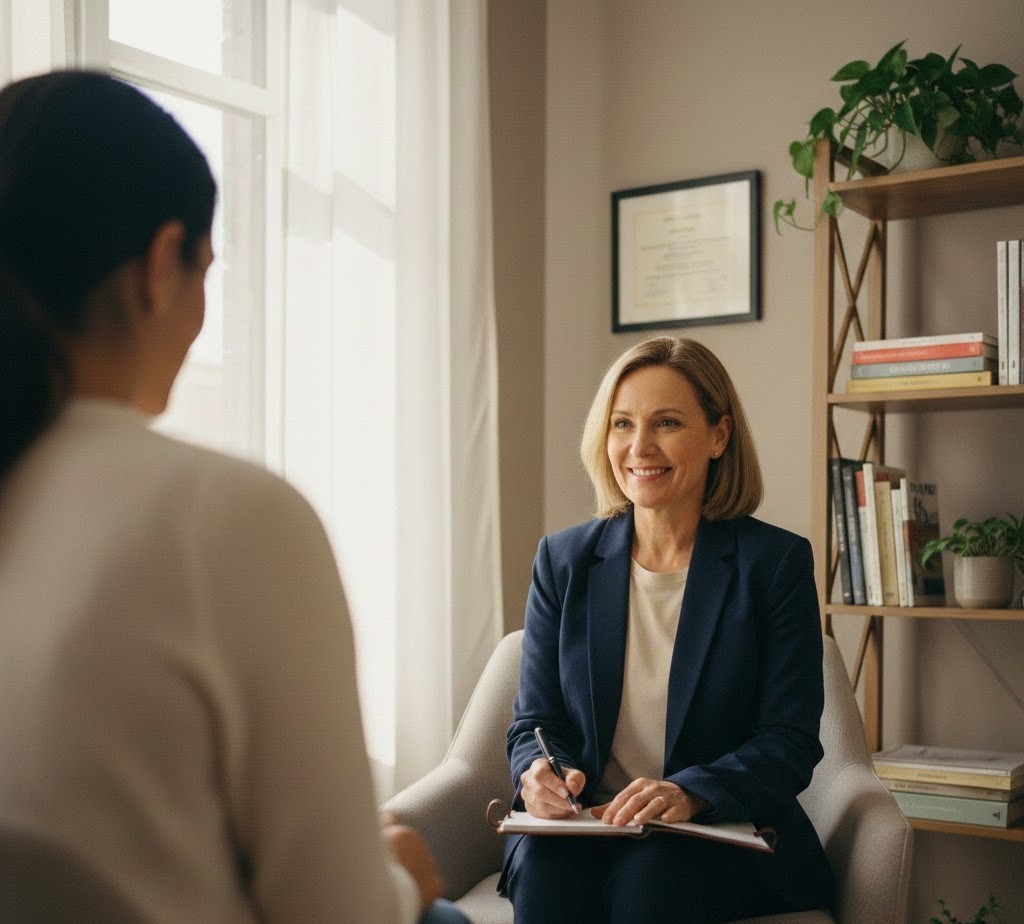 An over-the-shoulder, documentary-style photo of a female psychiatrist sitting in a sunlit, minimalist office. She maintains gentle eye contact and a kind smile while holding a pen over a notebook. The patient’s shoulder is softly blurred in the foreground, creating a calm and intimate clinical atmosphere.