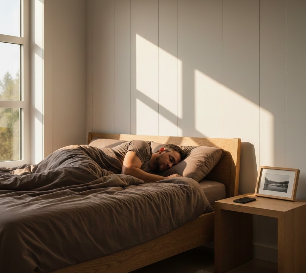 A man sleeps on his side in a wooden bed, partially covered by a brown duvet, as warm morning sunlight streams through a window and casts long shadows across the white paneled wall. A wooden nightstand beside the bed holds a smartphone and a picture frame.