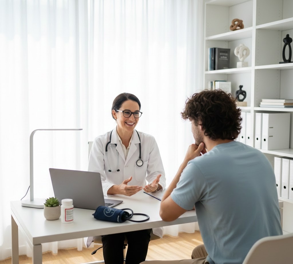 A doctor wearing a white coat and stethoscope sits at a desk in a bright medical office, speaking with a young man who gestures toward his chin. A laptop, desk lamp, blood pressure monitor, and pill bottle sit on the desk between them.