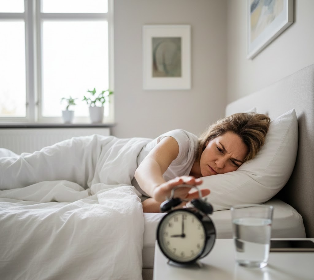 A tired woman lies in bed reaching to turn off an alarm clock, illustrating difficulty waking up and a possible sleep disorder.