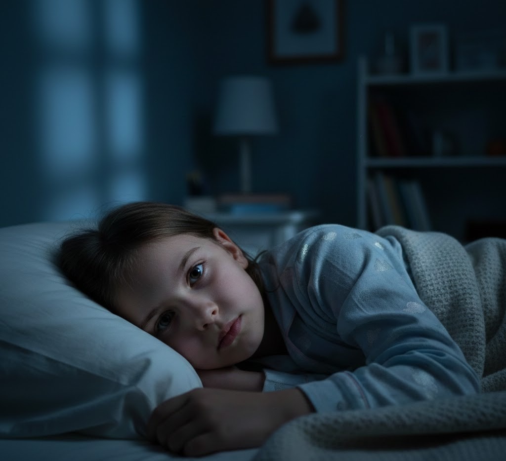 A young girl lies awake in bed at night under cool blue light, resting her head on a pillow and staring ahead with a quiet, restless expression.