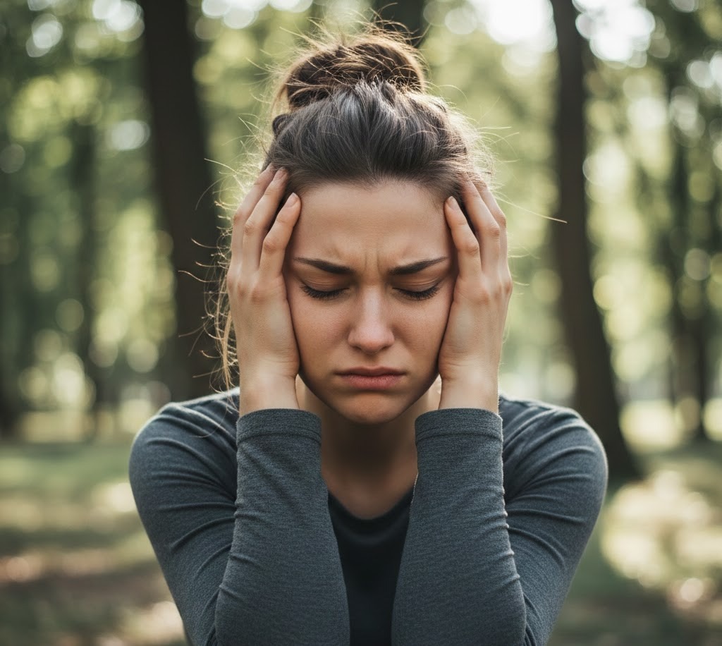 A young woman outdoors holds her head in both hands, looking down with a distressed expression, representing emotional strain related to OCD.