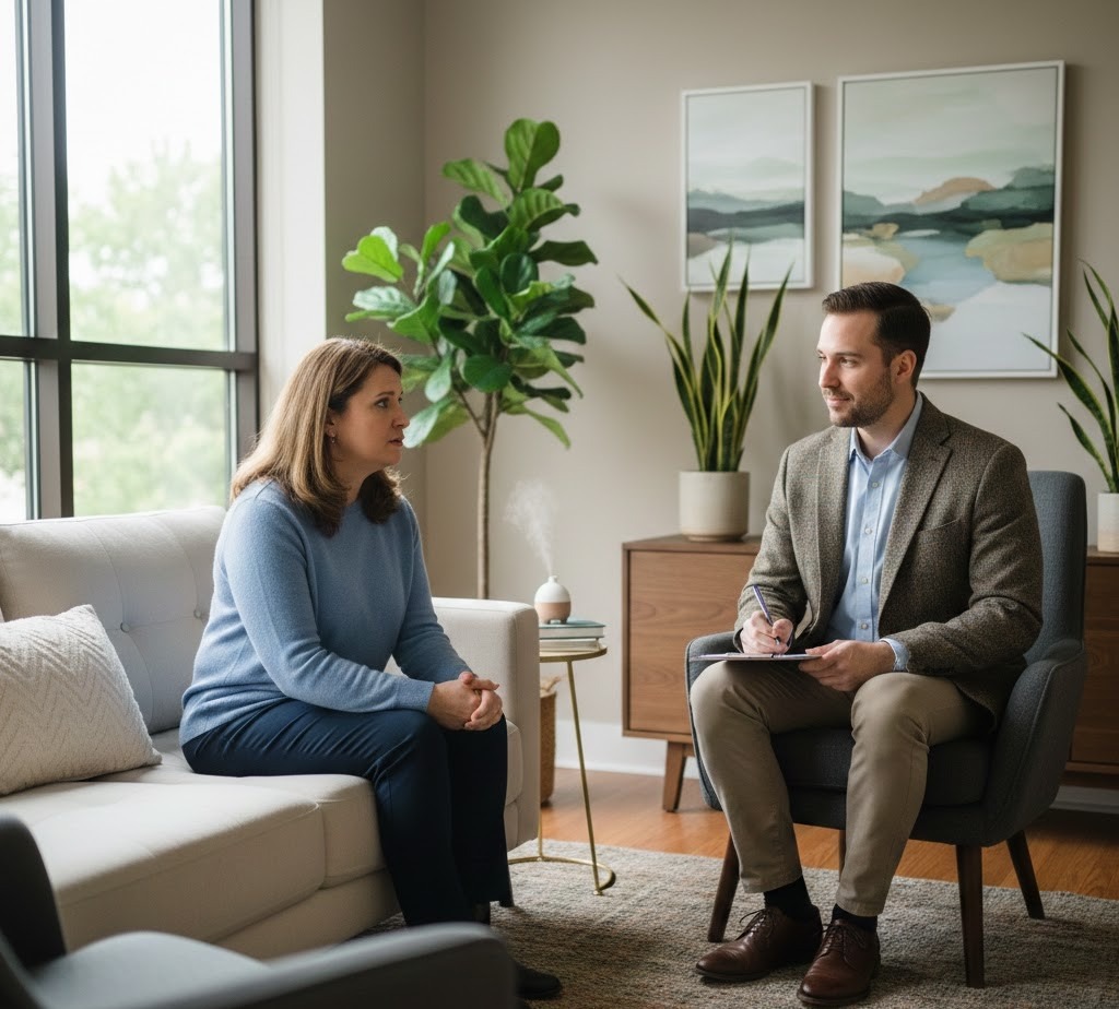 A therapist meets with a patient in a professional office setting, discussing symptoms and treatment options for OCD.