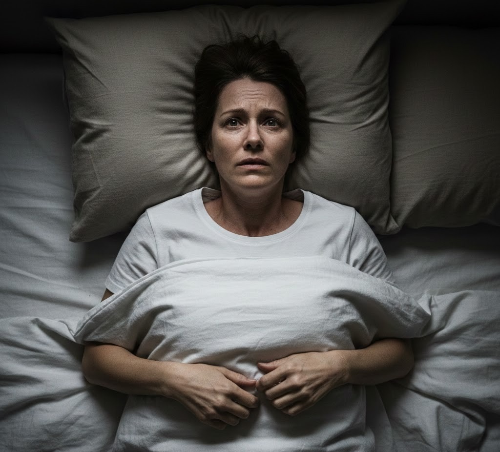 A woman lies awake in bed at night staring at the ceiling with a tense expression, illustrating a moment when OCD becomes urgent and intrusive thoughts disrupt sleep.