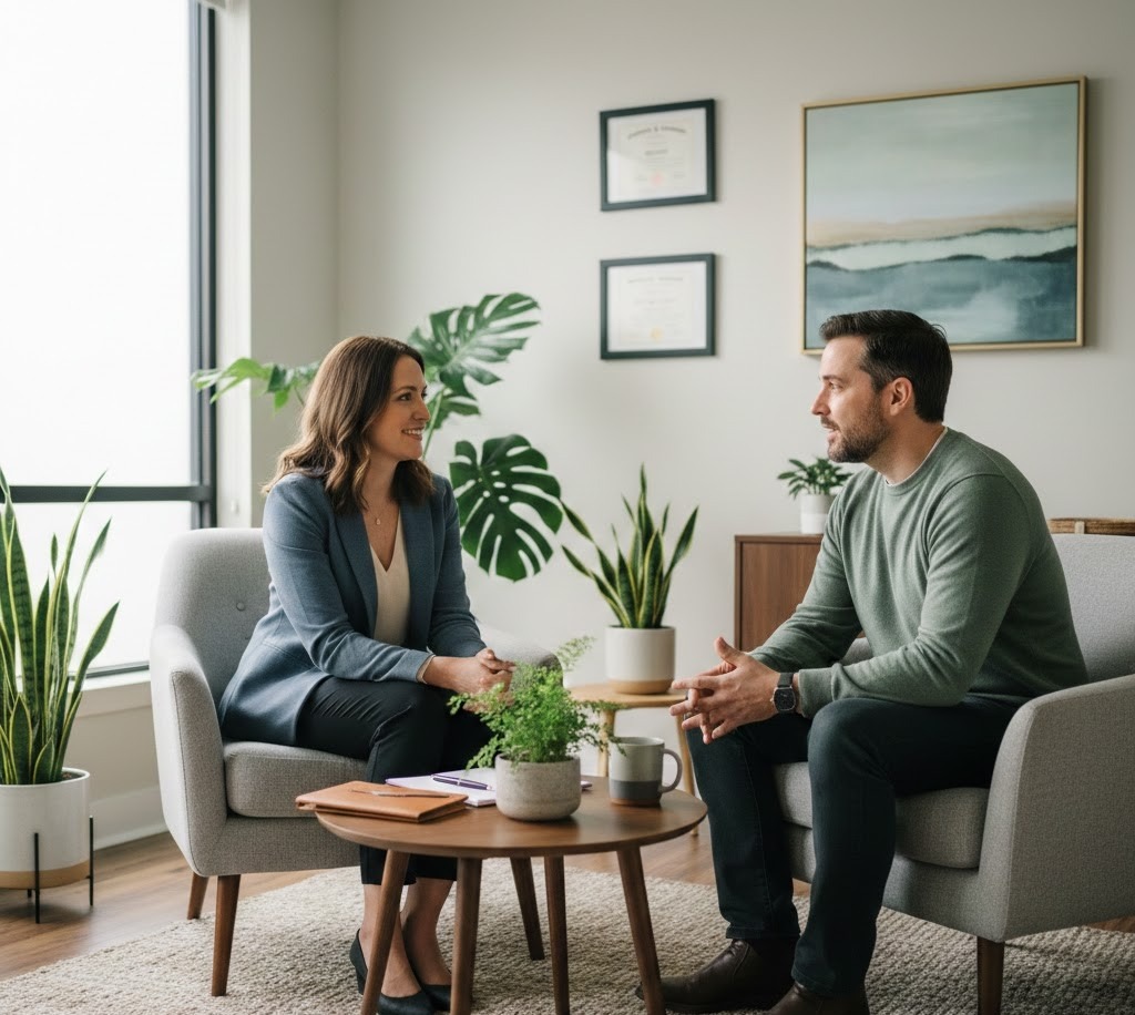 A psychiatrist meets with a patient in a private clinic office, providing supportive care and discussing treatment options for OCD.