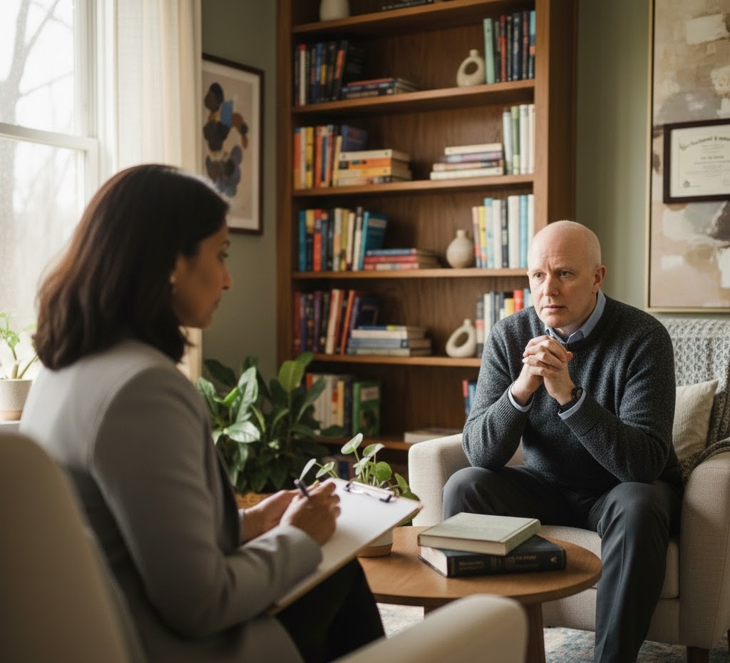 Realistic image of an adult psychiatrist consulting with a British adult patient with fair white skin in a modern office in Georgia, seated across from each other, the psychiatrist taking notes while attentively listening, natural daylight, professional and calm setting.