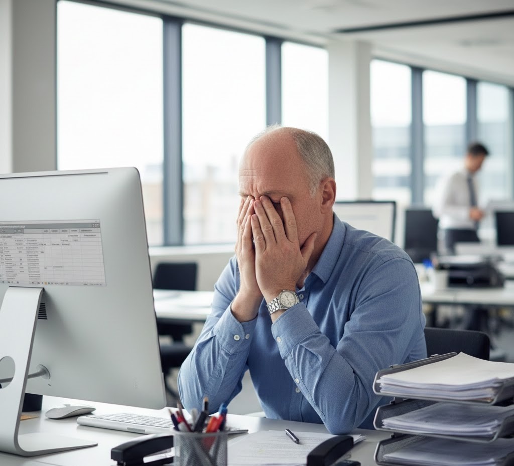 Adult man sitting at an office desk, eyes closed and hands pressed to his face in visible stress, with a computer monitor and paperwork in a modern, naturally lit workspace.