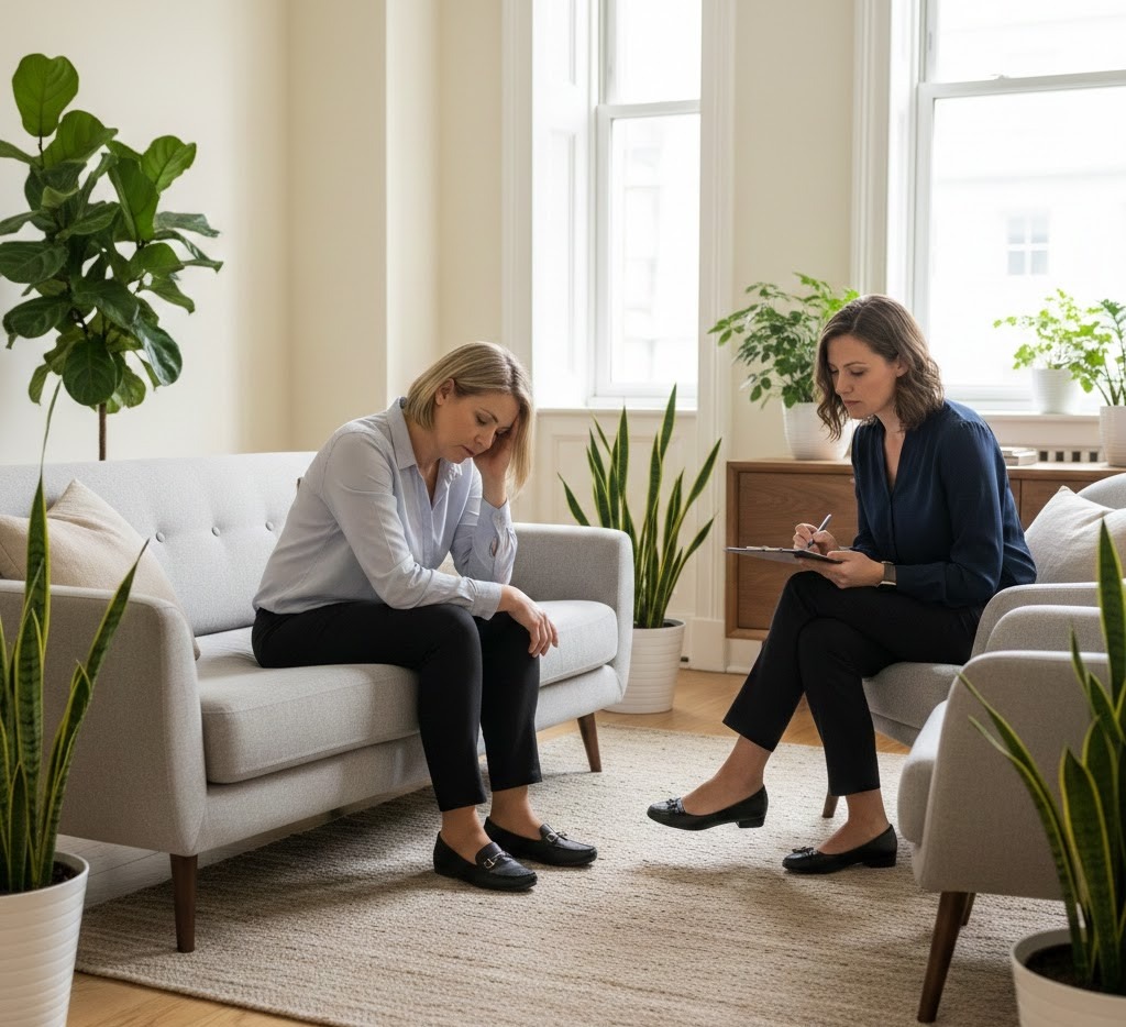 British adult woman sitting on a sofa during a therapy session, looking down with a worried expression while an adult psychiatrist sits nearby taking notes in a bright, modern office.