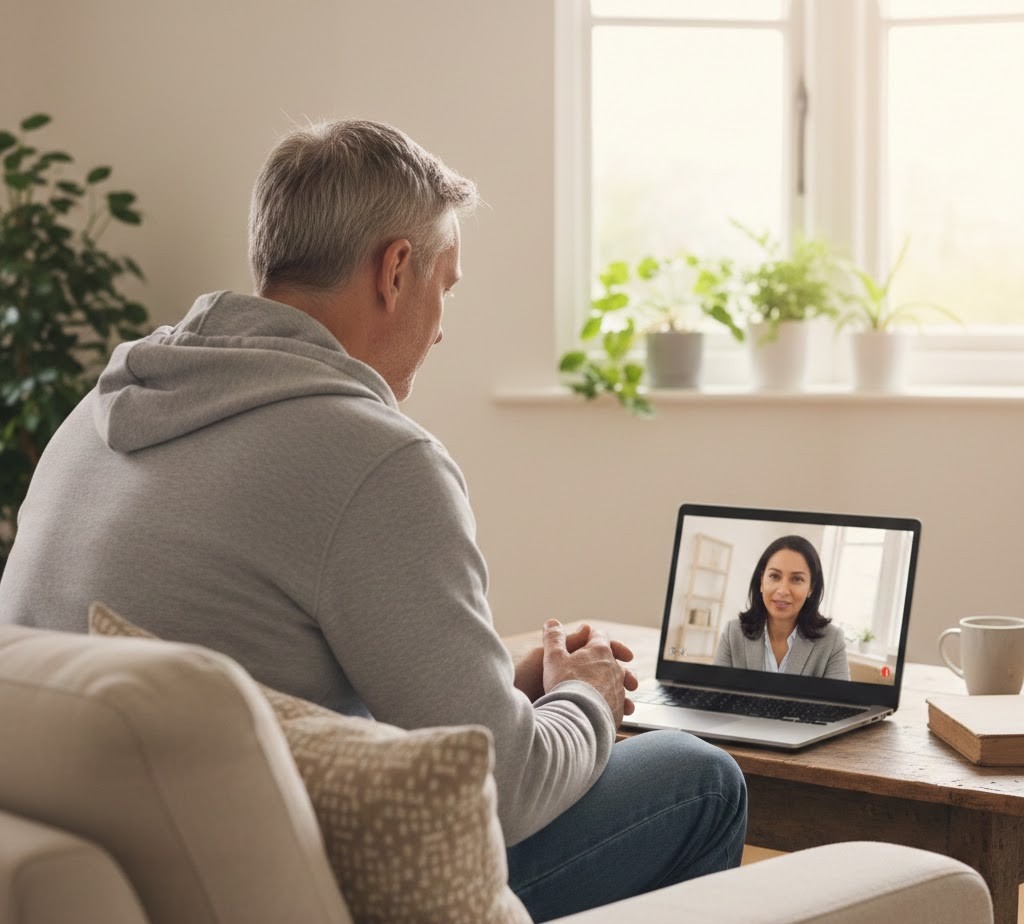British adult man with fair white skin sitting on a sofa at home, using a laptop for a video call with an adult psychiatrist displayed on the screen in a softly lit living room.