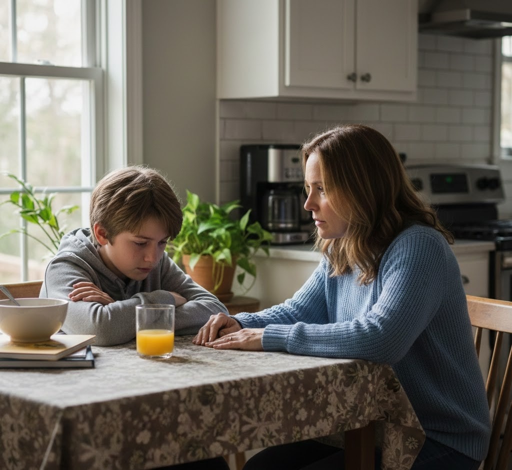 Mother speaking seriously with her upset pre-teen child at a kitchen table in a suburban Georgia home.