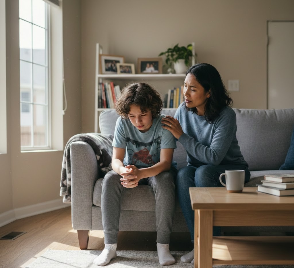 Concerned parent sitting beside a withdrawn pre-teen child on a couch in a bright home setting.
