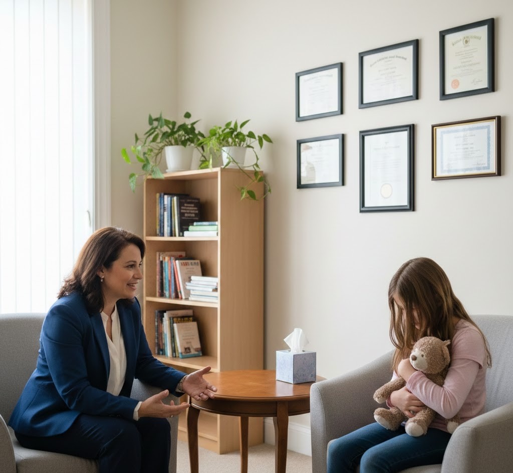 Child mental health consultant speaking with a traumatized pre-teen girl in a professional office setting.