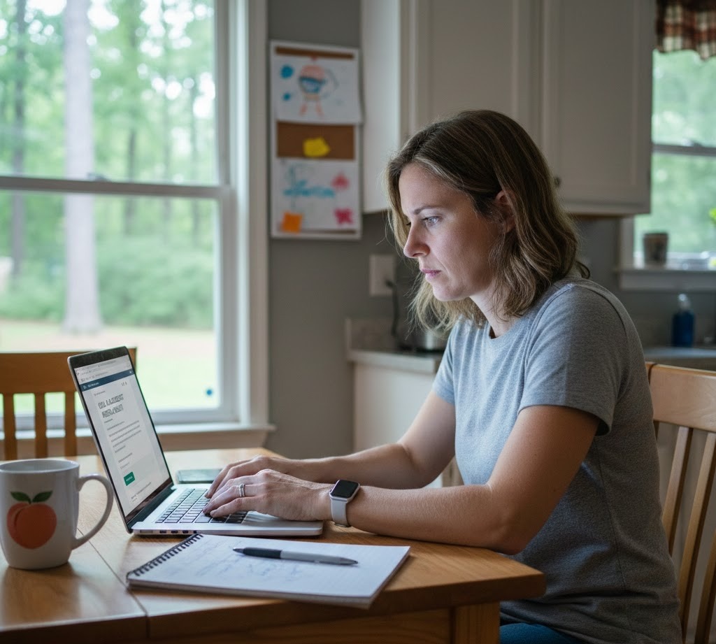 Concerned parent using a laptop at home to search for child mental health treatment options.