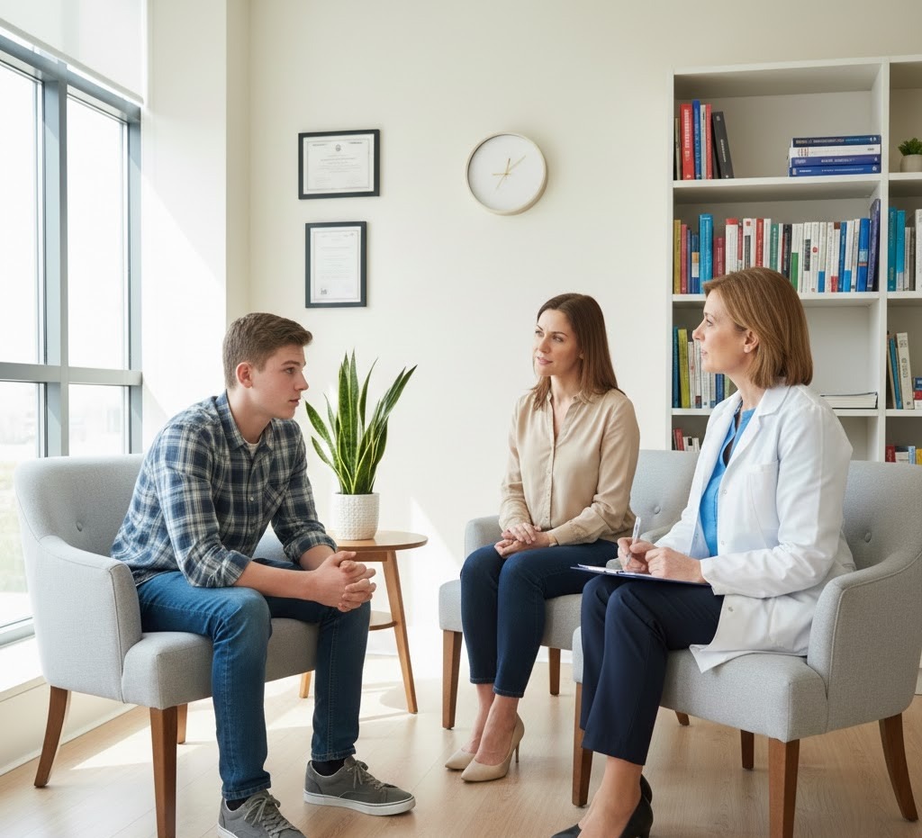 A teenager (15–17 years old) sits in a comfortable chair, speaking thoughtfully while a licensed psychiatrist listens attentively and takes notes on a clipboard. The teen appears slightly anxious but engaged. A parent is seated nearby, positioned slightly behind to indicate supportive involvement.