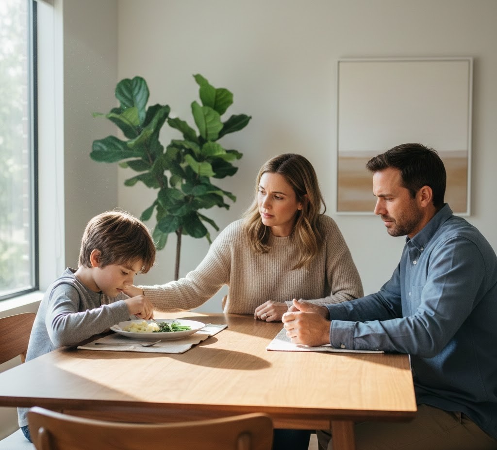 Concerned parents sitting at a dining table with their child, who is not eating and pushing food around the plate, in a softly lit home setting.