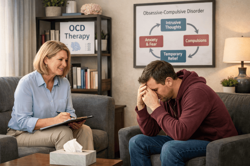 A therapist sits in a comfortable office, attentively taking notes while speaking with an adult male patient who appears distressed, leaning forward with his head in his hands. Behind them, a visual diagram illustrates the cycle of obsessive-compulsive disorder (OCD), highlighting intrusive thoughts, anxiety, compulsions, a