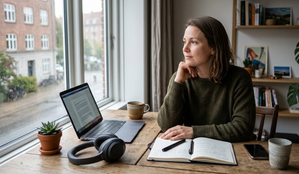 Adult reflecting at a desk in a quiet home workspace, representing self-awareness about autism in adulthood