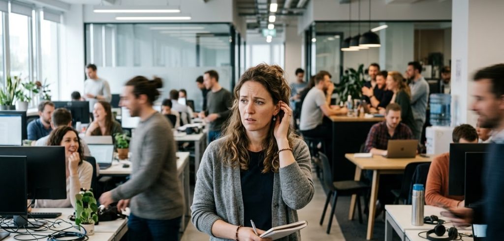 Adult standing in a busy office environment appearing overwhelmed by noise and social activity