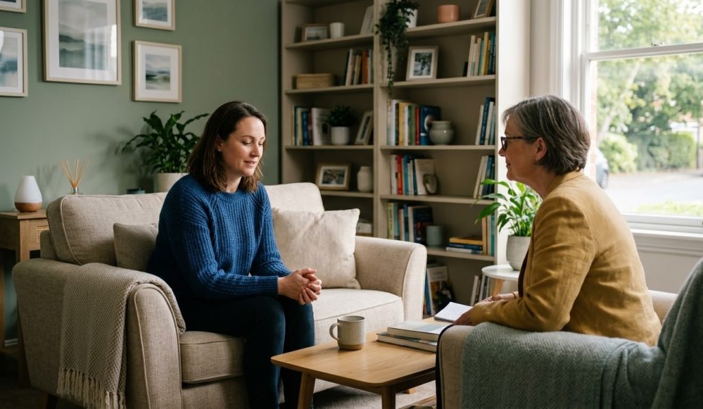 Adult speaking with a mental health professional in a calm therapy office about autism evaluation