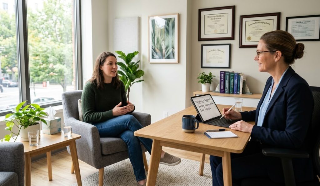 Psychiatrist meeting with an adult patient in a modern clinic office for autism evaluation