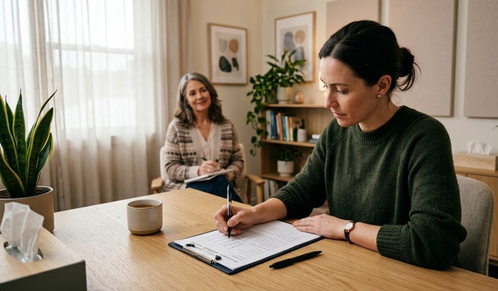 Adult completing a psychological assessment questionnaire during an autism evaluation