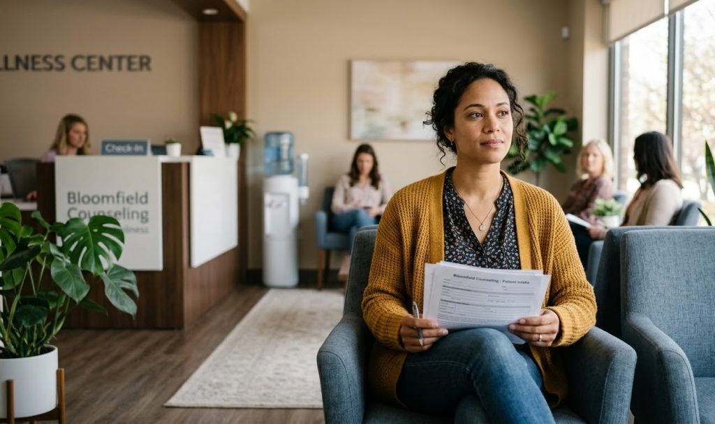 Adult sitting in a mental health clinic waiting area holding evaluation paperwork