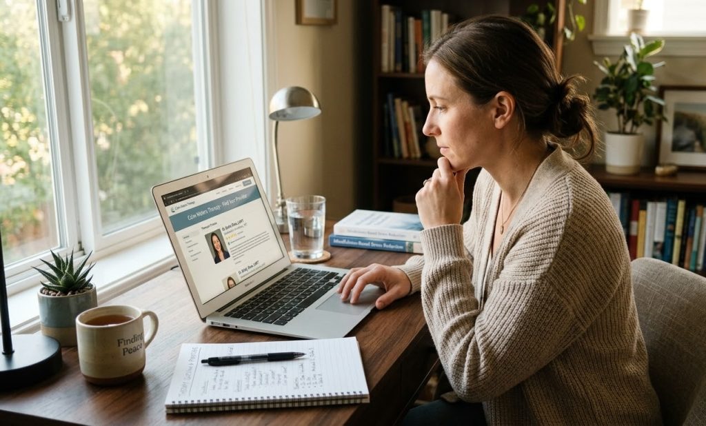 Adult comparing psychiatry providers on a laptop while choosing an autism evaluation specialist