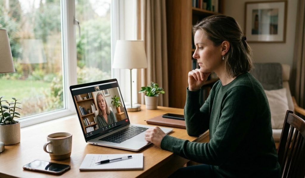 Adult feeling comfortable during a private telehealth autism appointment at home