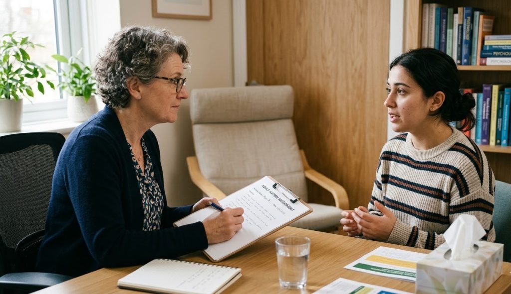 Mental health clinician listening carefully during an adult autism assessment