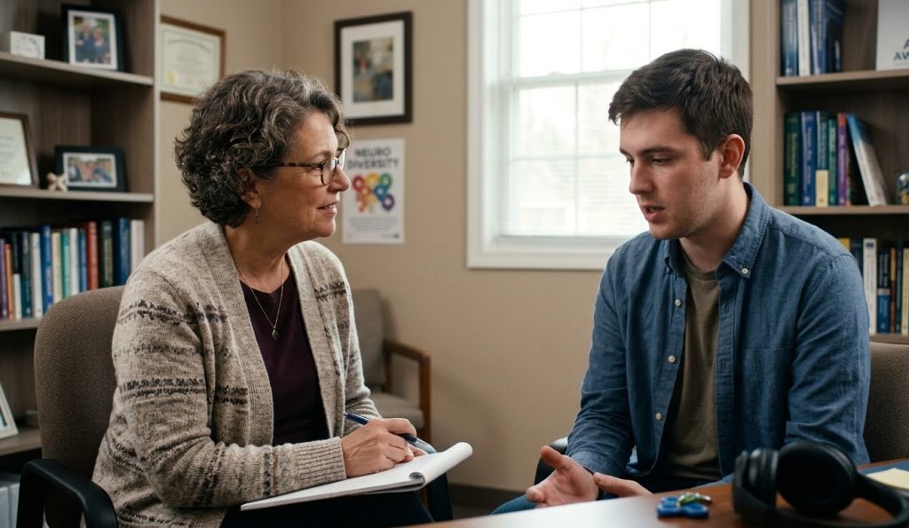 Experienced mental health provider supporting an adult during an autism consultation
