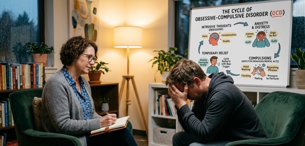A therapist sits in a comfortable office, attentively taking notes while speaking with an adult male patient who appears distressed, leaning forward with his head in his hands. Behind them, the cycle of obsessive-compulsive disorder (OCD), highlighting intrusive thoughts, anxiety, compulsions, and temporary relief.