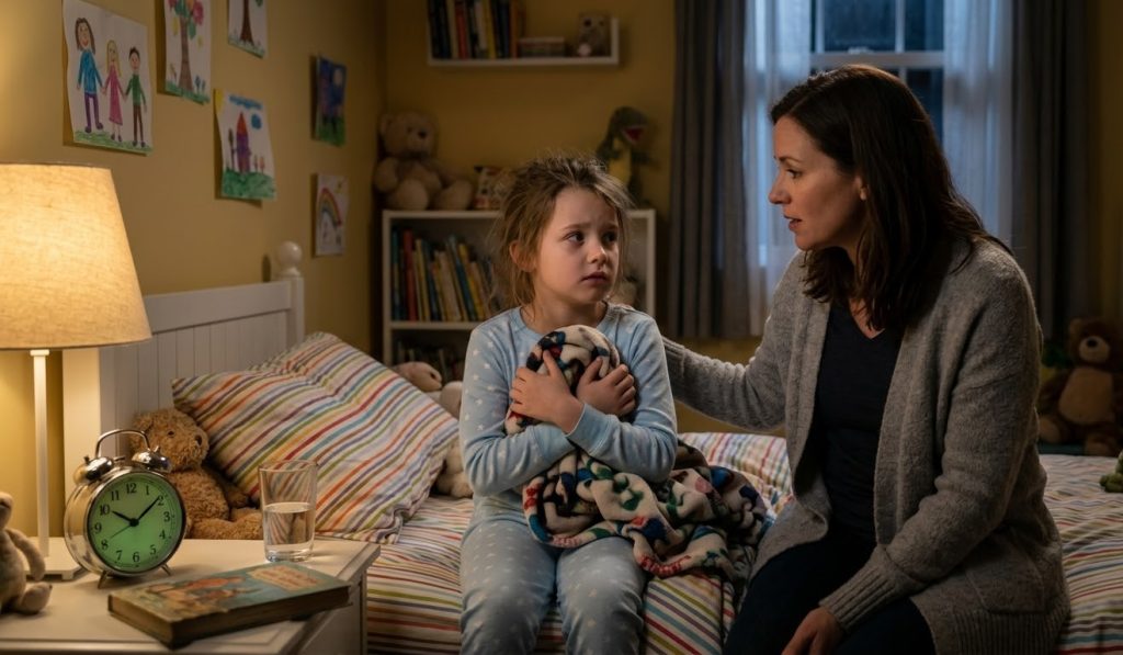 a young child sits awake in bed, looking anxious and unable to sleep. A parent sits nearby, offering comfort. Subtle visual cues highlight common sleep anxiety symptoms—such as a clock showing late hours, the child clutching a blanket, worried facial expression, and dim lighting with soft shadows