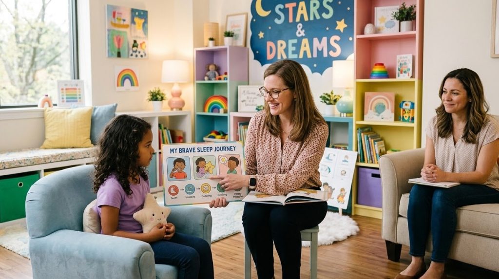 A professional pediatric therapy setting where a child psychologist is gently working with a young child experiencing sleep anxiety, while a parent sits nearby.