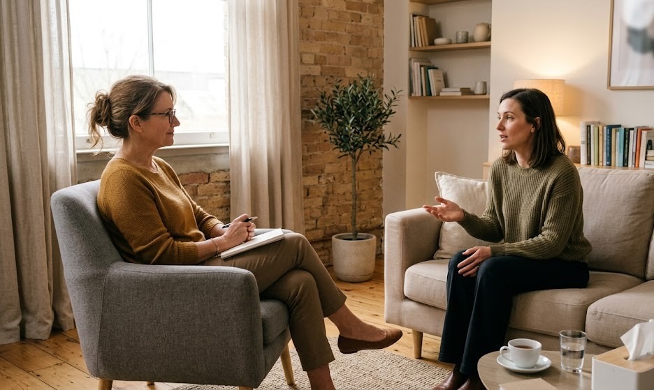 A therapy session in progress, patient talking while therapist listens attentively, relaxed posture, warm lighting, minimalistic office, feeling of trust and comfort, realistic facial expressions, professional lifestyle photography
