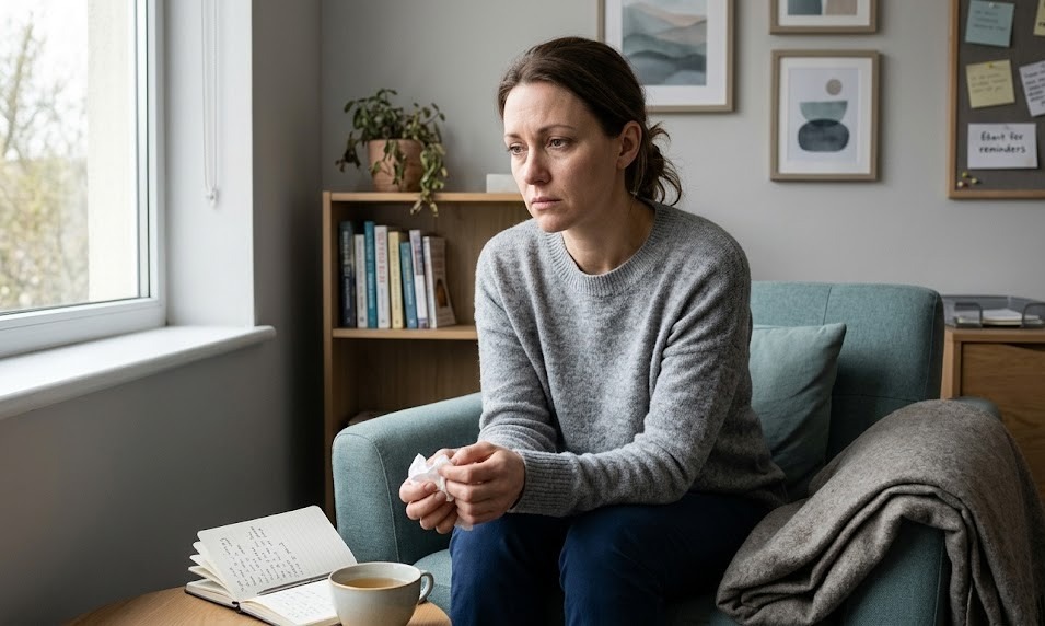 A realistic mental health concept image showing an adult sitting in a calm, private space with visible emotional distress, surrounded by subtle visual cues of depression, anxiety, trauma, and emotional overwhelm. 