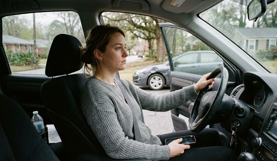 A realistic scene of a person sitting quietly in a parked car after a minor accident, looking thoughtful and slightly distressed, soft natural daylight, suburban Georgia street, no visible injuries, emotional focus, cinematic but subtle, high realism, 35mm photography style