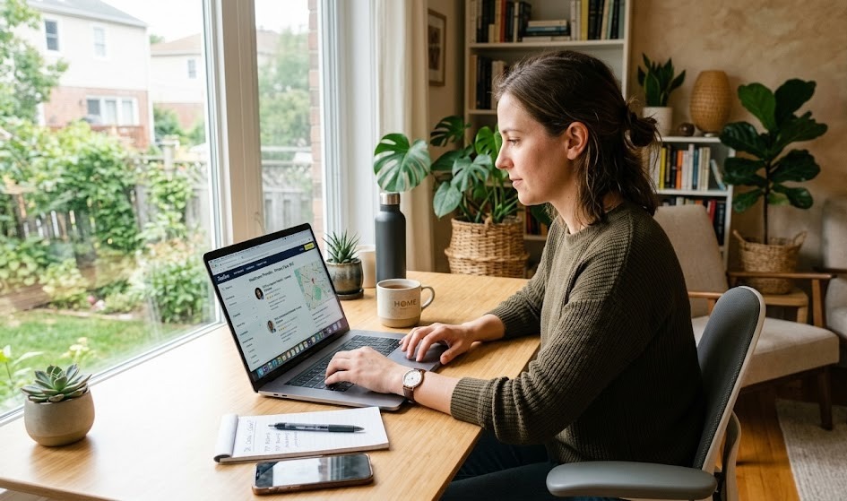A person using a laptop at home researching healthcare providers, focused expression, clean desk setup, soft daylight from window, realistic home environment, modern lifestyle photography