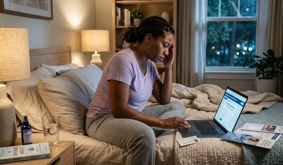 Adult in a softly lit bedroom dealing with sleep anxiety while seeking professional treatment in Georgia
