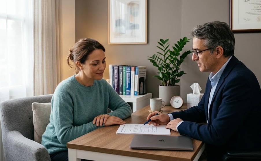 one-on-one psychiatric consultation with an adult patient and doctor reviewing a personalized treatment plan in a modern clinic office. The doctor is pointing to notes while the patient listens with a thoughtful, hopeful expression