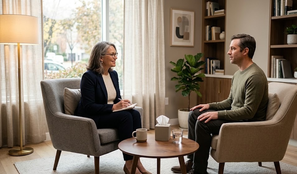 A professional psychiatrist speaking with an adult patient in a modern clinic office, both seated comfortably, calm and supportive atmosphere, neutral tones, soft lighting, no medical equipment focus, realistic interaction, high-detail lifestyle photography