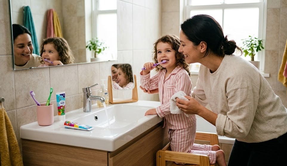 Parent guiding a child through a simple task like brushing teeth or organizing toys with a calm and supportive approach.