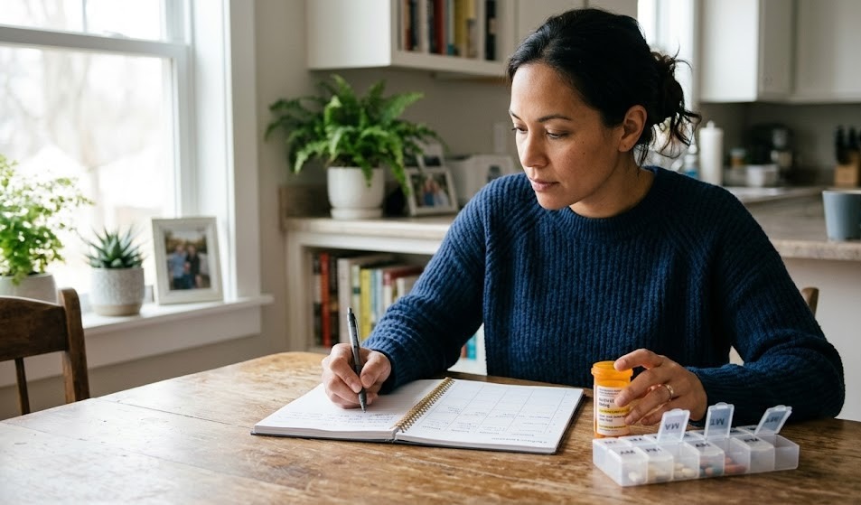 An adult patient managing depression medication properly by tracking symptoms and side effects in a notebook while reviewing a prescription bottle and weekly pill organizer, organized home setting, calm and focused mood