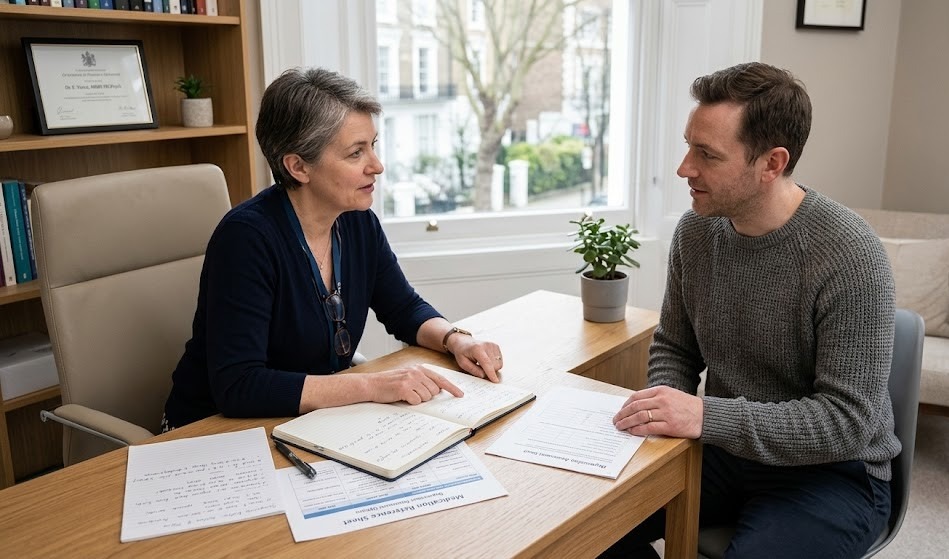 A shared decision-making moment between a psychiatrist and adult patient choosing a depression treatment plan, open notebook, medication reference sheet, and symptom notes on desk, calm and respectful discussion