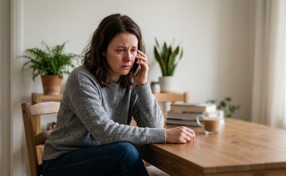 A realistic close-to-mid shot of an emotionally distressed adult sitting indoors, holding a phone as if calling for crisis support, with a tense but hopeful expression. 